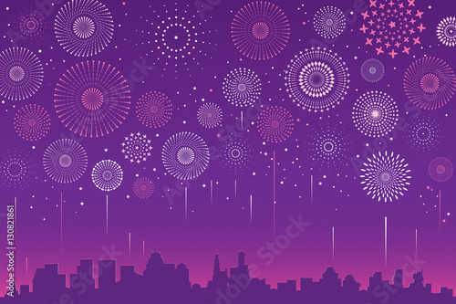 Vector illustration of a festive fireworks display over the city at night scene for holiday and celebration background design.