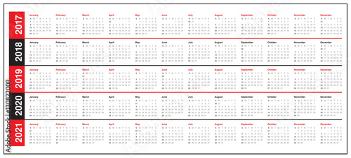 Simple Calendar template for 2017 to 2021