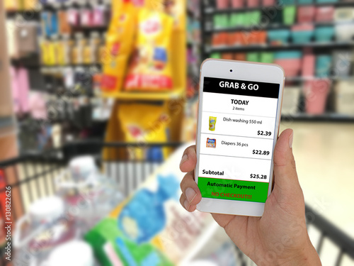 internet of things marketting concepts,customer use application in mobile phone to buy a product in retail by grab and go,no checkout,no lines,and automatic payment when exit ,pay by credit