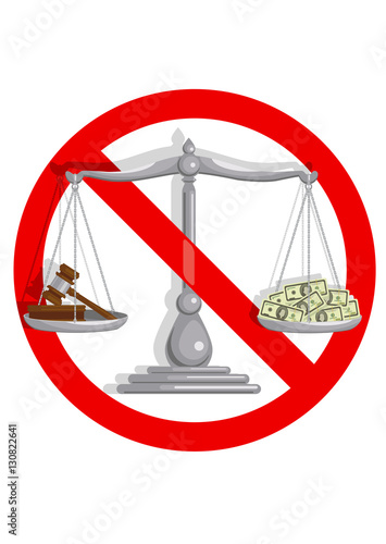 judge gavel and money on scales with the ban sign on a white background, vector illustration photo