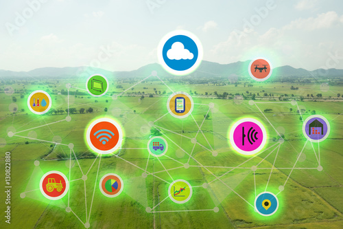 internet of things industrial agriculture,smart farming concepts,the various farm technology in the futuristic icom on the field background ict(information communication technology)
