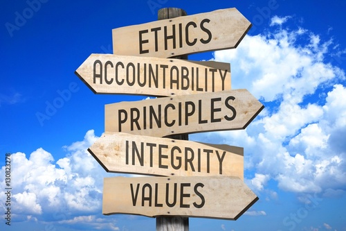 Wooden signpost - code of ethics concept (ethics, accountability, principles, integrity, values).