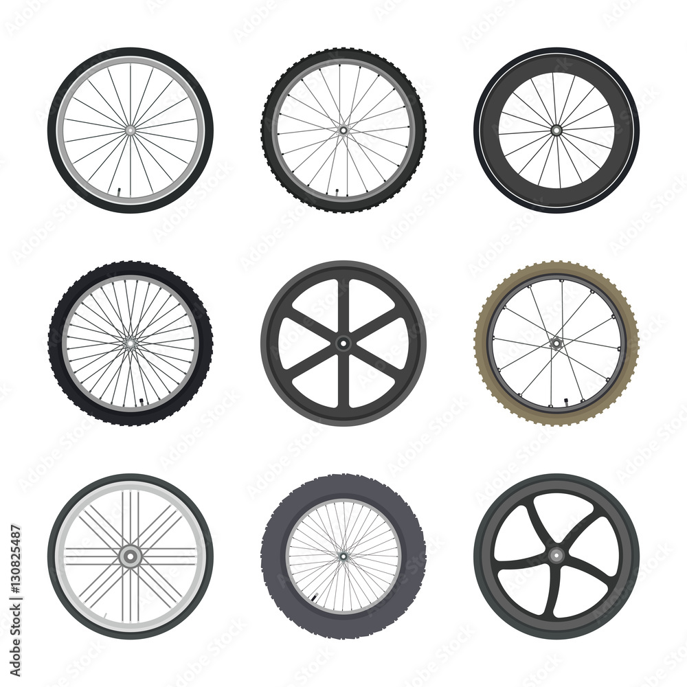 Set of Bicycle wheels in flat style isolated on white background.