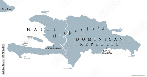 Hispaniola political map, also San Domingo. Haiti and Dominican Republic with capitals Port-au-Prince and Santo Domingo, in the Caribbean island group. Gray illustration with English labeling. Vector.