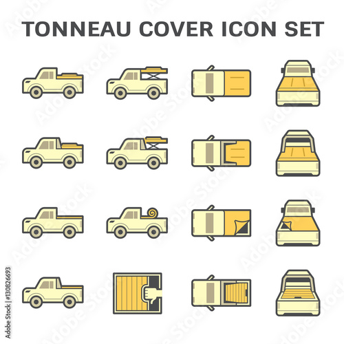 Pick up truck in top, side and rear view vector icon. Include rack, roll bar, tonneau, tray or bed cover both soft and hard i.e. lid, canvas and shutter. Accessories for close, open, load, carry.