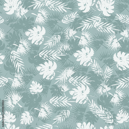 Abstract seamless pattern for girl and boy. Creative vector background, colorful wallpaper with green branches ferns, tropical plants. Print summer exotic jungle plant palm leaves.