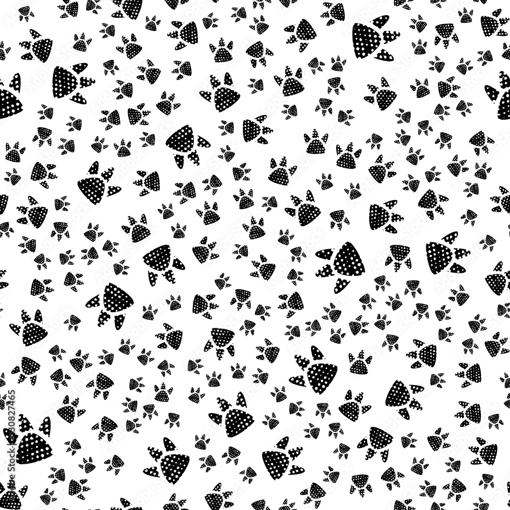 Fototapeta premium Simple, cute kids pattern, trace a predator dinosaur form an interesting pattern. Completed in monochrome, black and white colors.Funny wallpaper for textile and fabric. Fashion style.Colorful bright.