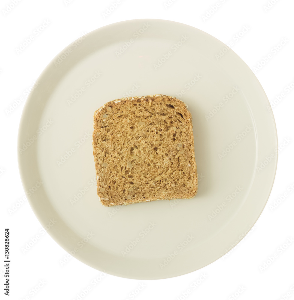 Diätkonzept - Abnehmen durch Verzicht - Einzelne Brotscheibe auf Teller Diätkonzept - Abnehmen durch Verzicht - Einzelne Brotscheibe auf Teller
