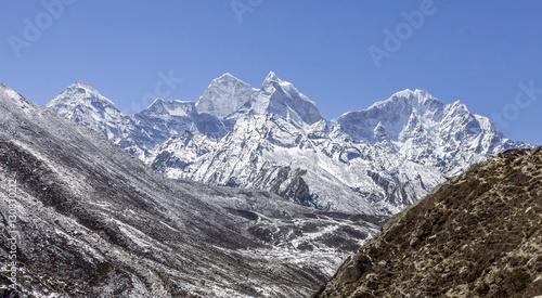 Peaks Kantega (6783 m) and Thamserku (6608 m) from Teshinga village - Everest region, Nepal, Himalayas photo