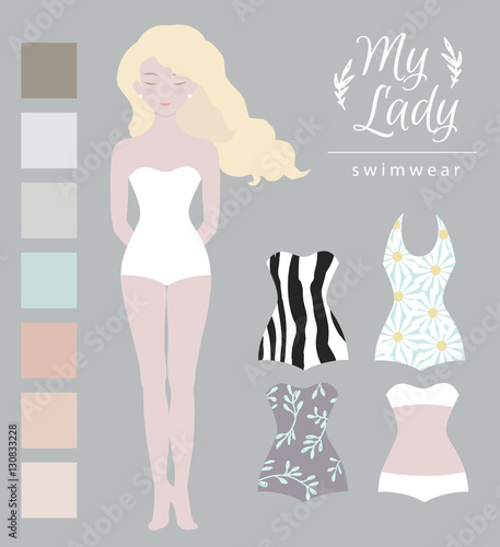 Girl model, swimwear mockup. Cute dress up paper doll, body template