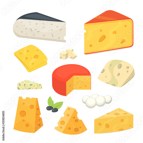 Cheese types . Modern flat style realistic vector illustration icons. Isolated parmesan or cheddar fresh on white background.
