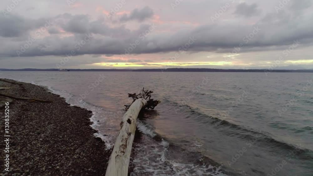 Aerial Flying Over Driftwood Seattle Golden Gardens Beach Aerial Flying Over Driftwood Seattle Golden Gardens Beach