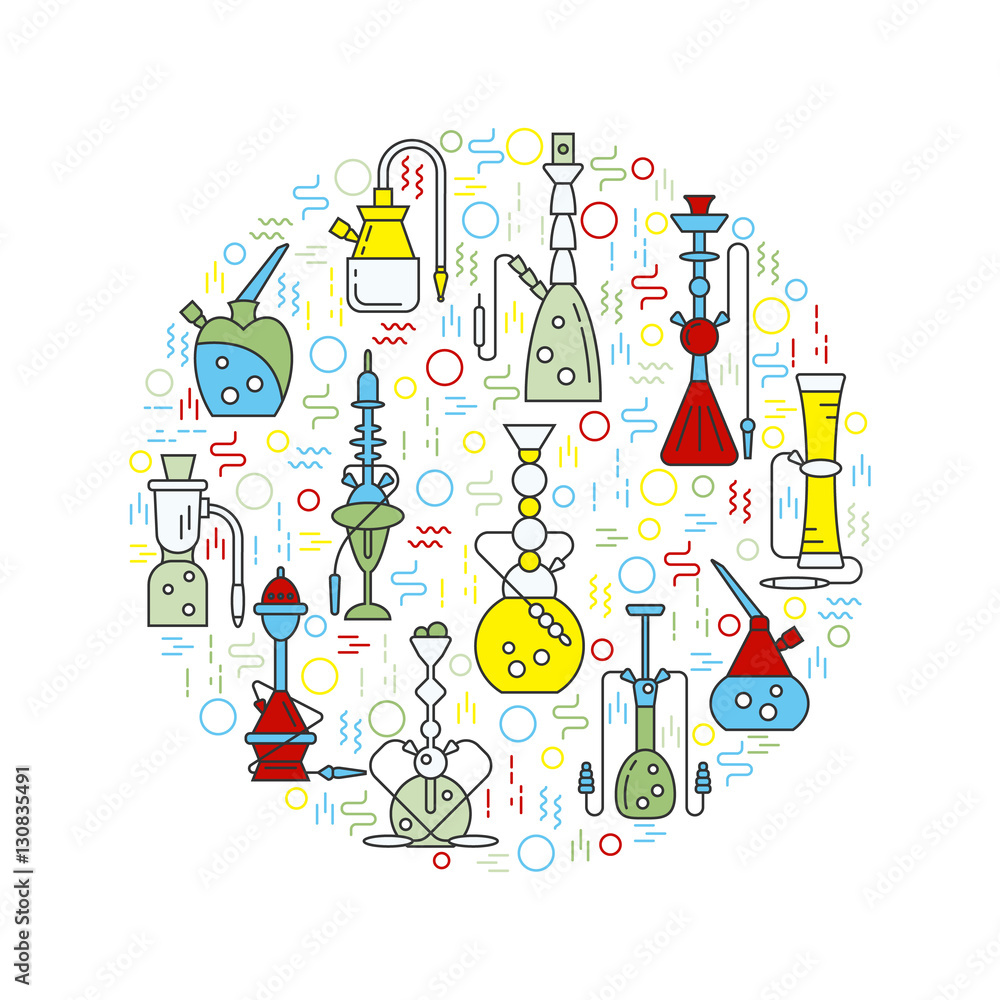 Icons with hookahs, made in trendy line style vector..Clean and easy to edit. Unique emblem for hookah menu, hookah house, tobacco packaging design. Icons with hookahs, made in trendy line style vector..Clean and easy to edit. Unique emblem for hookah menu, hookah house, tobacco packaging design.