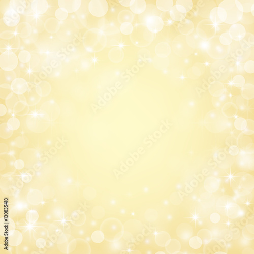 Shiny bokeh lights, stars and sparkles on golden background. Vector illustration.