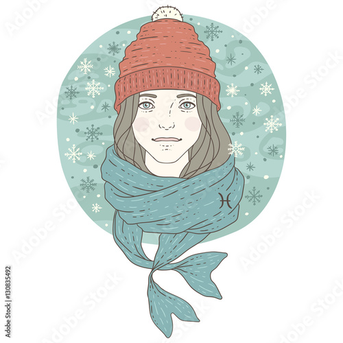 Pisces zodiac sign Winter season illustration.