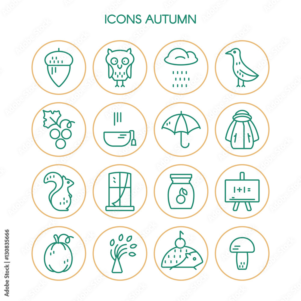 Big collection of linear icons with different autumn and fall symbols. Vector line icon series. Squirrel, umbrella, rain, mushroom, and other seasonal elements. Big collection of linear icons with different autumn and fall symbols. Vector line icon series. Squirrel, umbrella, rain, mushroom, and other seasonal elements.