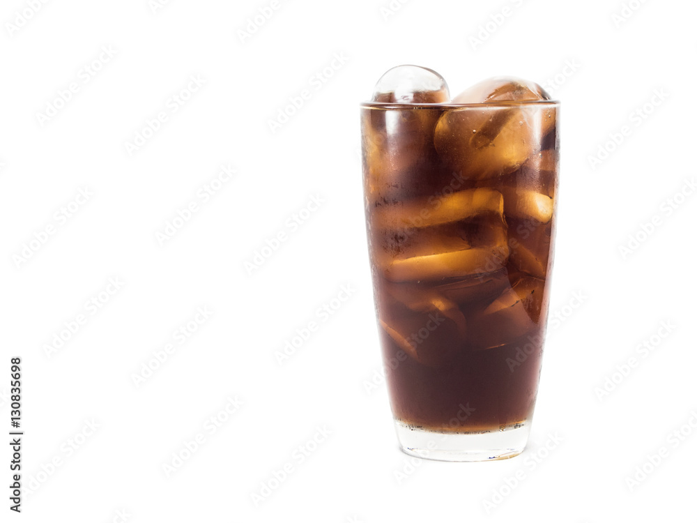 full soft drink is cool and ice cubes in glass on white backgro full soft drink is cool and ice cubes in glass on white backgro