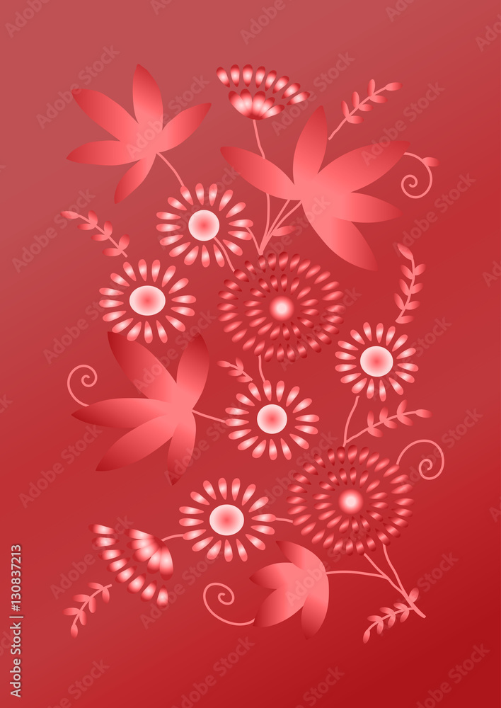 Bright card with flowers on red background