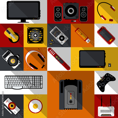 Flat illustration with multicolor electronic devices collection. Isolated vector elements
