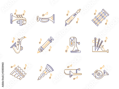 Wind instruments tunes color line vector icons set