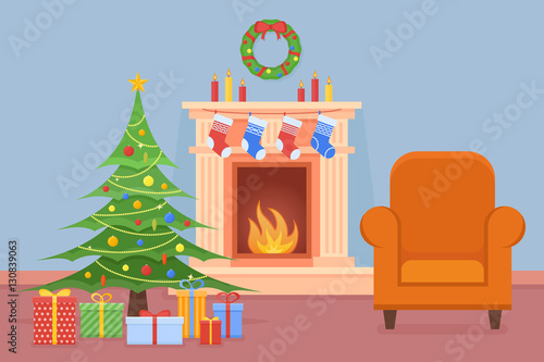 Christmas room interior with fireplace, tree, gifts and armchair. Holiday decorations. Flat style vector illustration.