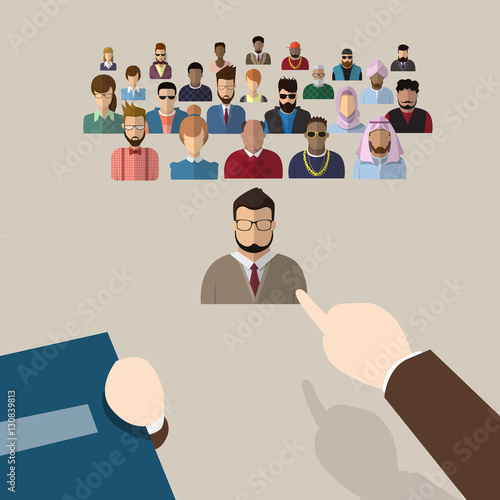 Recruitment Hand Point Finger Picking Business Person Candidate People Group Flat Vector Illustration