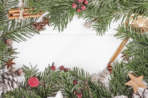Christmas or New Year white wooden background, board framed with