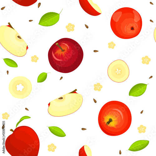 Fototapeta Naklejka Na Ścianę i Meble -  Seamless vector pattern of ripe fruit. Delicious juicy red apples, whole, slice, half, slice, leaves on white background. Illustration can used for printing on fabric, textile in design packaging