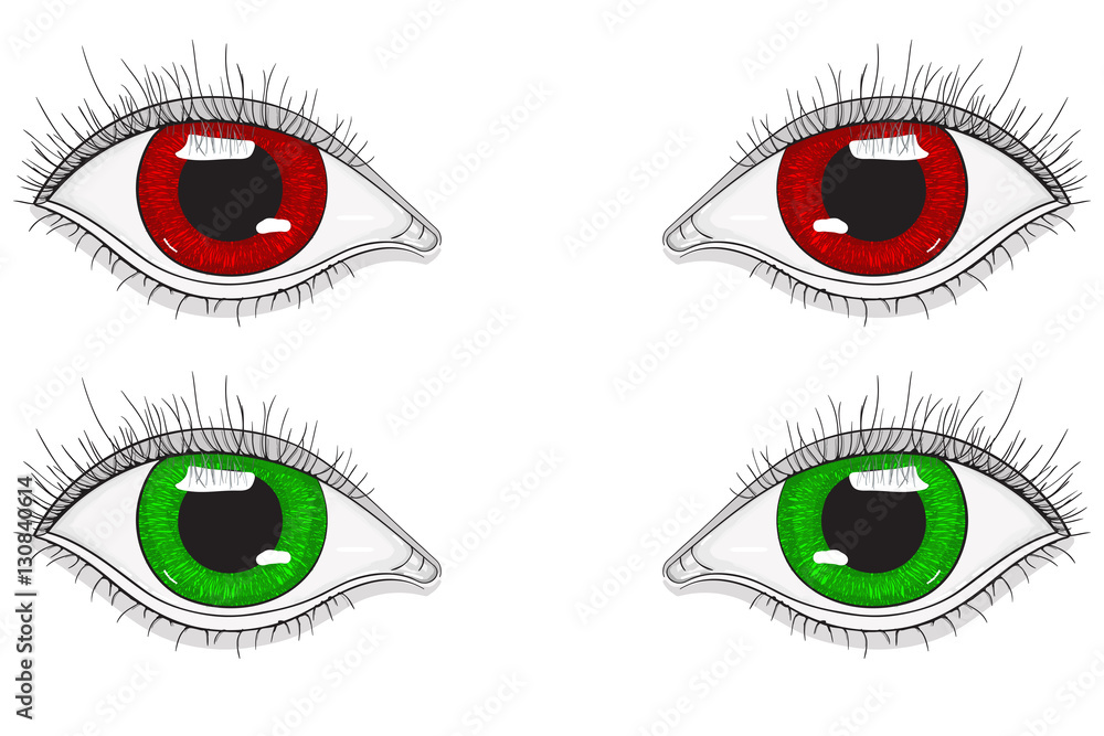 Eyes. Red and green cartoon eyes. Hand drawn sketch Stock Vector