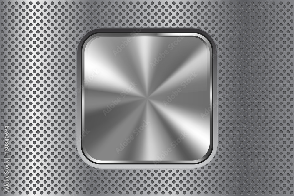 Square metal button on perforated background Square metal button on perforated background