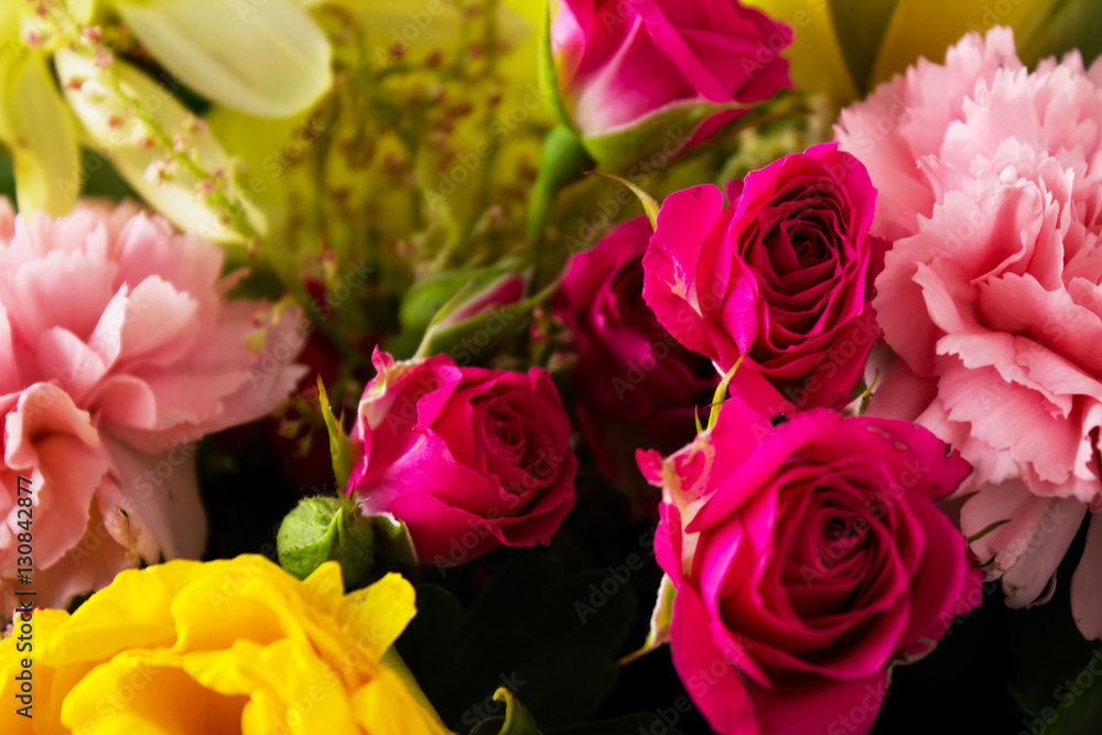 Many summer flowers in the bouquet. Roses, chrysanthemums, dahli Many summer flowers in the bouquet. Roses, chrysanthemums, dahli