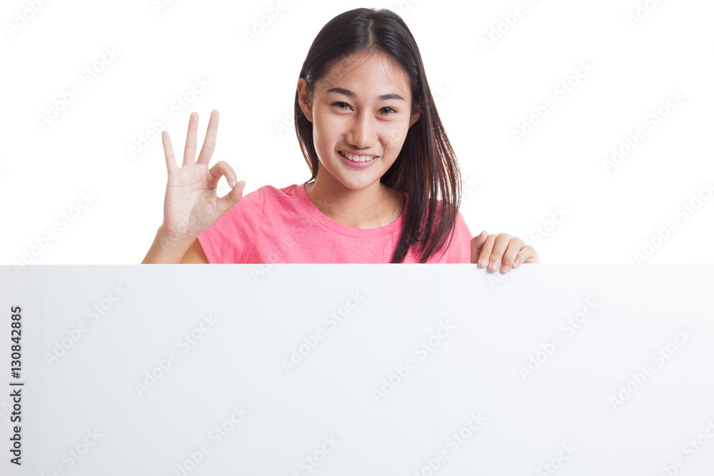 Young Asian woman show OK with blank sign. Young Asian woman show OK with blank sign.