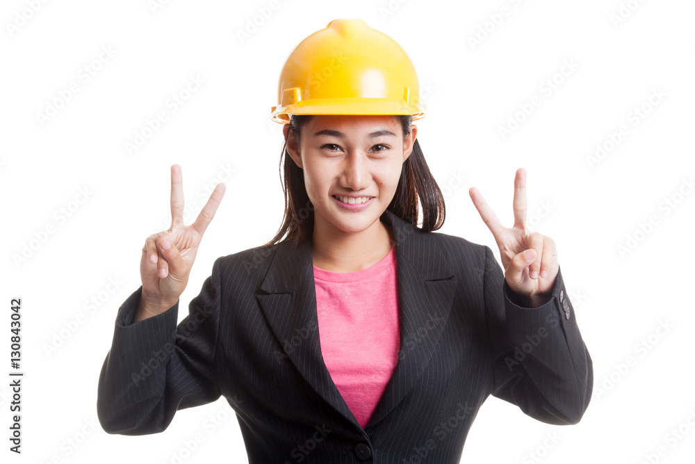 Asian engineer woman show victory sign with both hands. Asian engineer woman show victory sign with both hands.