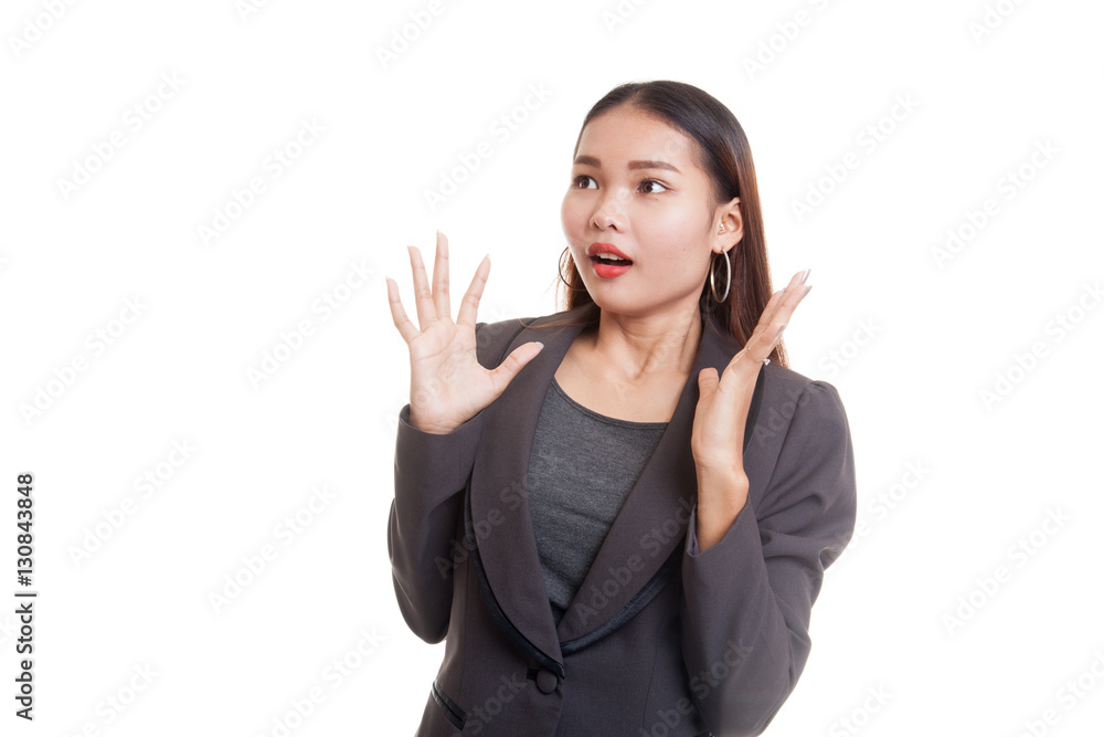 Beautiful young Asian woman shocked and look up. Beautiful young Asian woman shocked and look up.