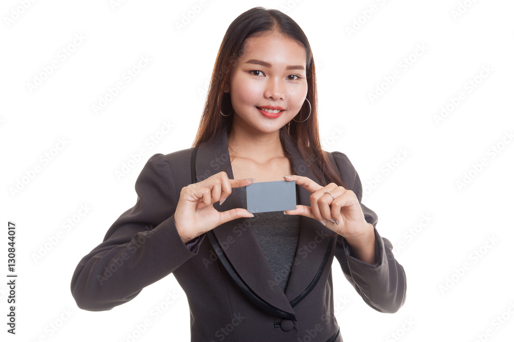 Young Asian business woman smile with blank card. Young Asian business woman smile with blank card.