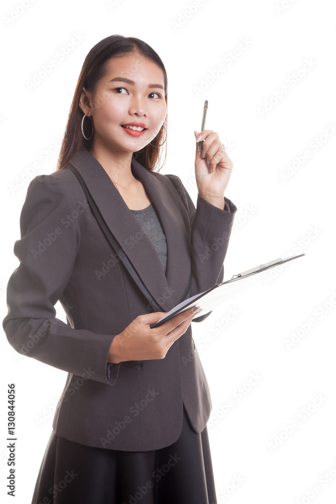 Young Asian business woman with pen and clipboard. Young Asian business woman with pen and clipboard.