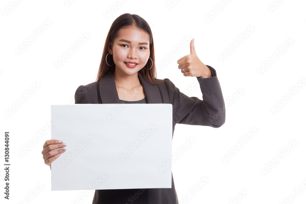 Young Asian business woman show thumbs up with white blank sign Young Asian business woman show thumbs up with white blank sign