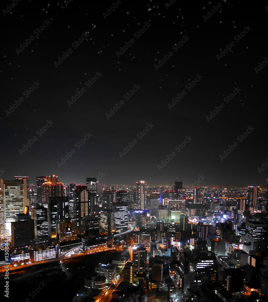 Osaka night skyline with stars