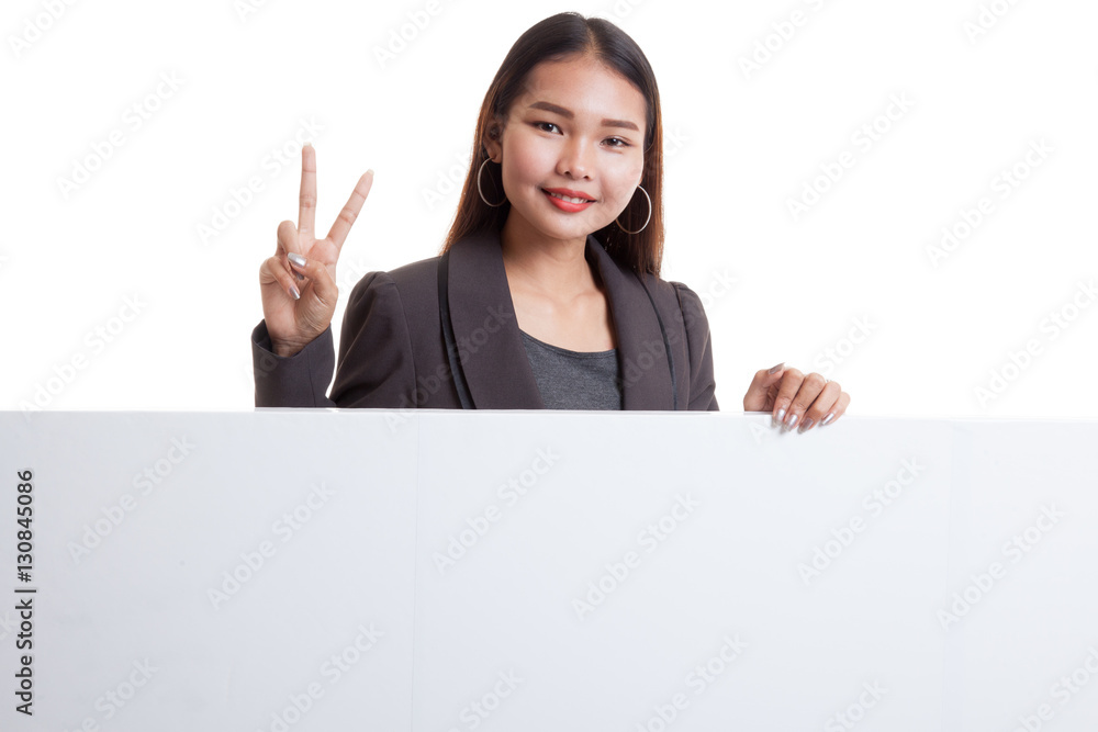 Young Asian woman show victory sign with blank sign. Young Asian woman show victory sign with blank sign.