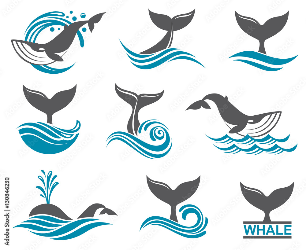 Obraz premium kolekcja z abstrakcyjnymi symbolami fal wielorybów i morza