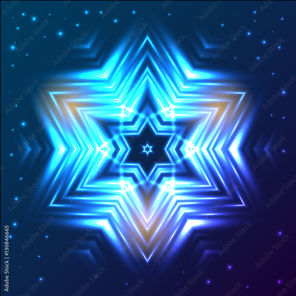 Glow snowflake on blue dark background - obrazy, fototapety, plakaty 