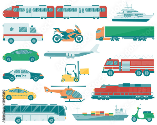 Transportation icons set. City cars and vehicles transport. Car, ship, airplane, train, motorcycle, helicopter. Flat design. Vector