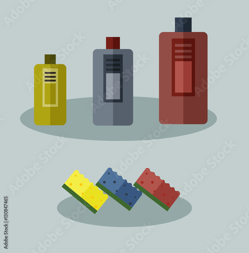 Tools for housekeeping: three bottles of detergent. Colorful yellow, blue and red sponges.Vector illustration 