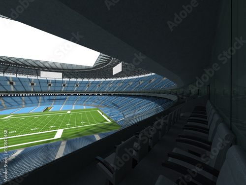 3D render of a round football stadium with sky blue seats for hundred thousand fans