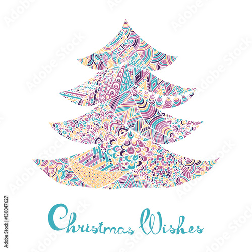 Happy new year and merry christmas card. Colored Christmas tree in zentangle style with lettering