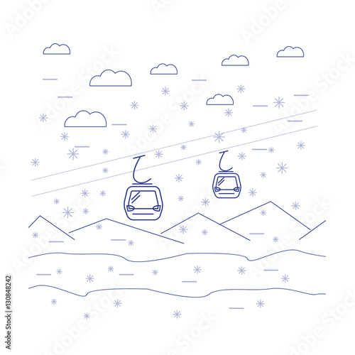 Gondolas moving in Mountains with falling snowflakes in outlined design and thin lines