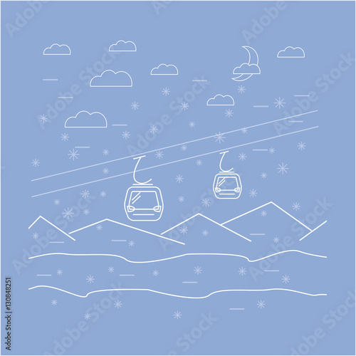 Gondolas moving in Mountains at night with falling snowflakes in outlined design and thin lines