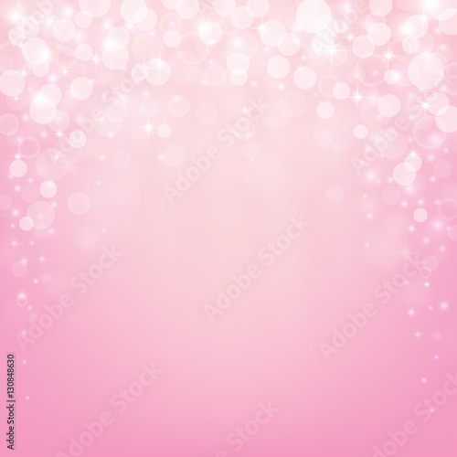 Beautiful pink background with bokeh lights, stars and sparkles. Vector illustration.