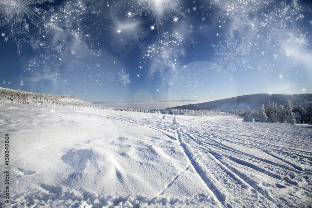 Christmas background with snowy fir trees