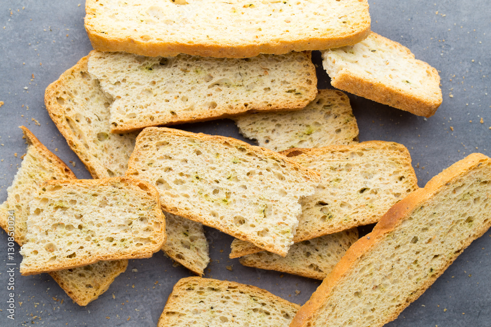 Garlic and herb bread slices. Eco food. Garlic and herb bread slices. Eco food.